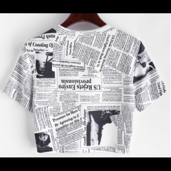 Zaful News Paper Print Crop Round Neck Tee - Picture 2 of 5